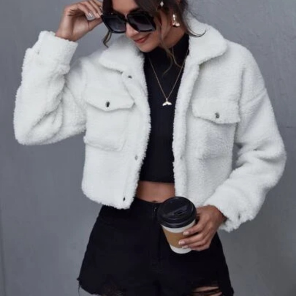 Shein Cream Double Flap Drop Shoulder Cropped Button Up Teddy Jacket XS - Picture 3 of 9